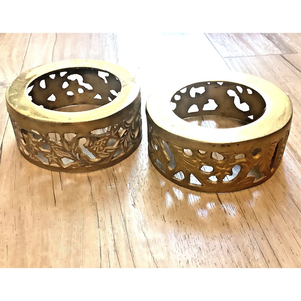 Vintage Pillar Candle Holders Plant Stand 3” Brass MCM Floral Leaf Design (Pair)